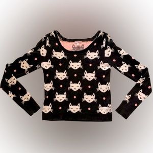 BONGO Black Sweater With White Cats and Pink Polka-Dots Women Size Large